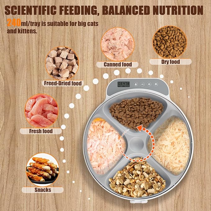 Automatic Cat Feeder Wet Food, 4 Meal Cordless Automatic Pet Feeder, Pet Fresh Food Refrigerated Container with 2 Ice Packs, Wet Foods Auto Feeder with Kitty Puppy Cat Dog Food Bowl