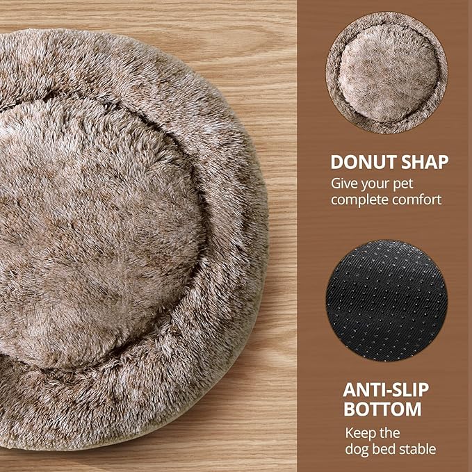 JOLLYVOGUE Calming Dog & Cat Bed for Small Dogs, Anti-Anxiety Donut Cuddler Cozy Soft Round Bed with Anti-Slip Bottom, Fluffy Faux Fur Plush Cushion Beds for Small Medium Dogs, 20"/Smoke Brown