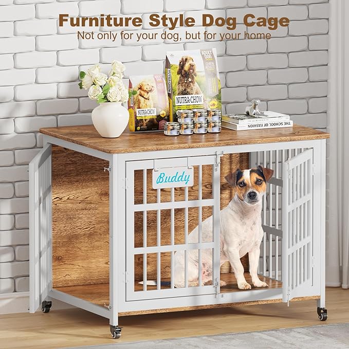 EasyCom 41"/33"/27" L Heavy Duty Dog Crate Furniture with Name Tag, Dog Kennel Indoor for Medium Dogs, Double-Doors Sturdy Metal Dog Cage for Anxiety Dog, Decorate House as TV Stand, End Table