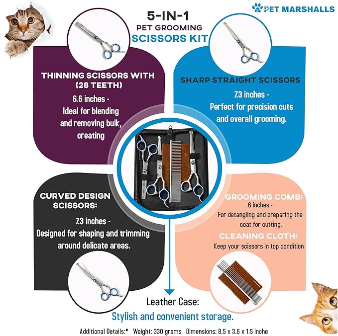 Professional Pet Grooming Kit 5-in-1 - Stainless Steel Trimming Scissors Set with Straight Hair Comb for Small and Large Pets