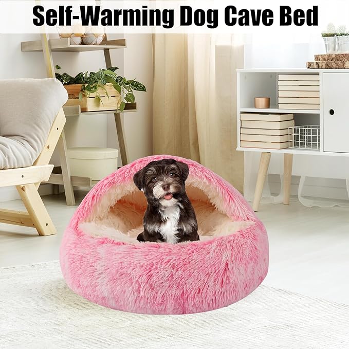 HYQ Dog Bed for Small Dogs, Cozy Cat Cave Bed, Cat Beds for Indoor Cats Washable, Non-Slip Cat Beds, Calming Dog Bed with Hooded Cover, Dog Bed with Cover for Small Medium Pets (Pink, 20×20 Inch)