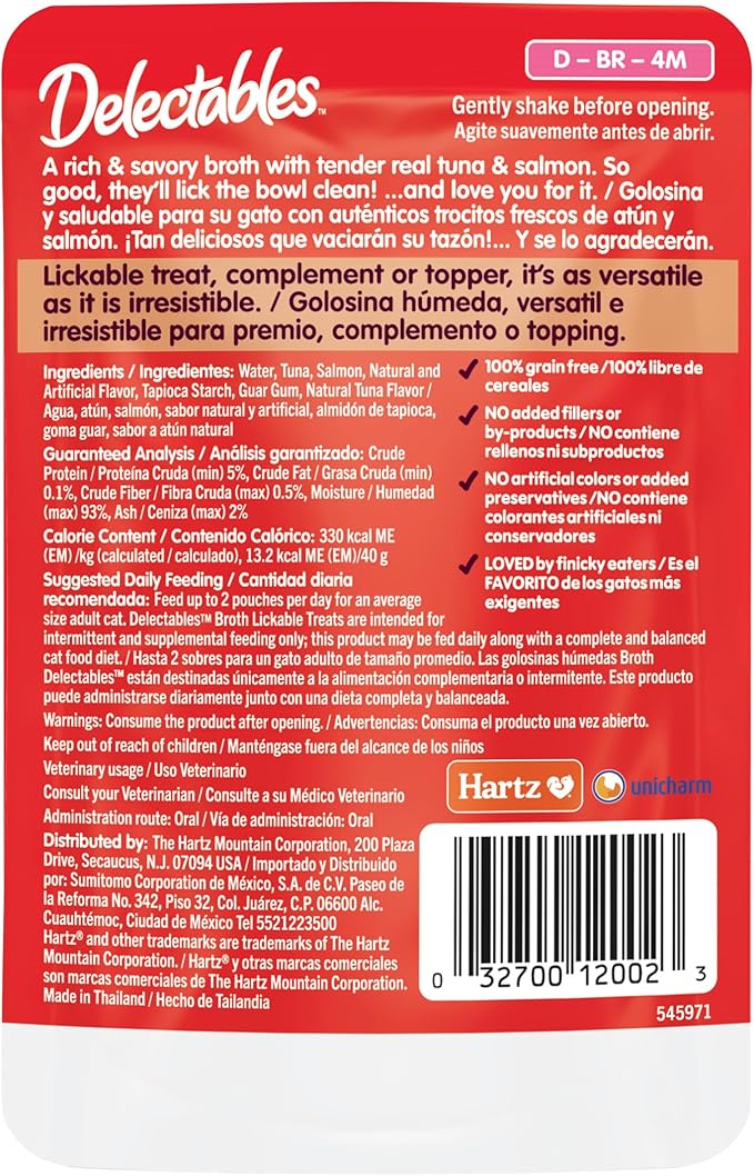 Hartz Delectables Savory Broths Tuna & Salmon Lickable Wet Cat Treats, 12 Count