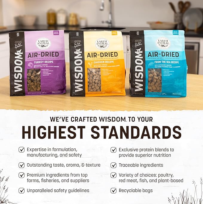 Earth Animal Wisdom Air Dried Dog Food | Premium Natural Dog Food | Variety Pack of Chicken, Turkey, from The Sea | All Breeds & Ages | Made in The USA | 2 Pound Bags (3 Pack)
