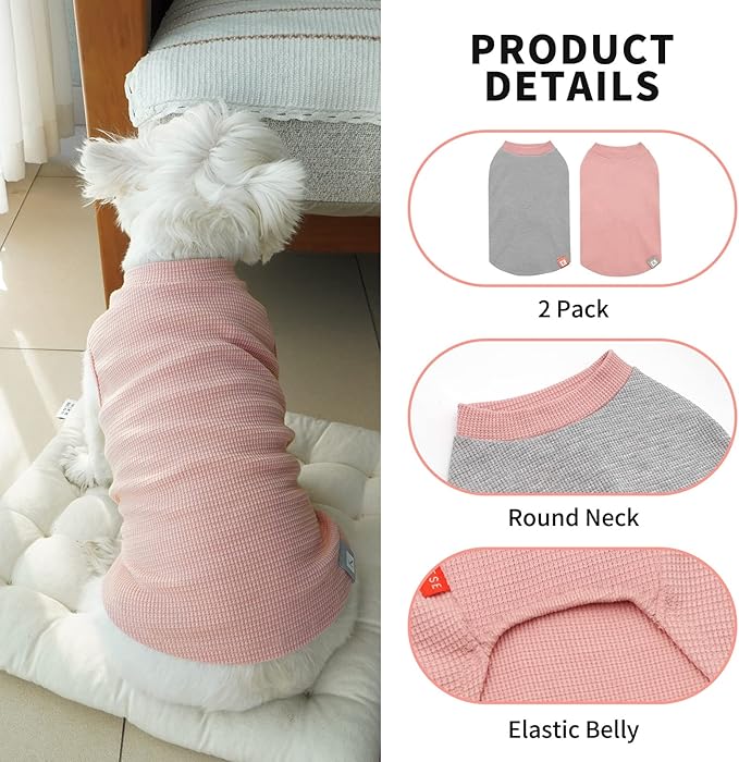 KYEESE 2Pack Dog Shirts Waffle Stretchy Dog T-Shirts Lightweight Tank Top Sleeveless Vest Breathable, XX-Large, Pink+Grey