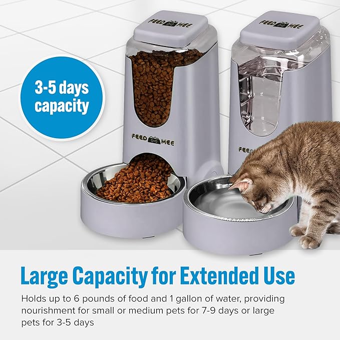 Automatic Cat Feeder Dog Water Bowl Dispenser – 2-Pack Automatic Dog Feeder with Silicone Mat, Pet Toothbrush – Safe Non-BPA Materials – Large Capacity for Small and Medium Animals Grey