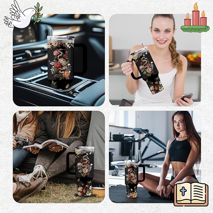 Goth Gifts for Women, 40 Oz Flower of Darkness Tumbler with Handle & Straw, Goth Water Bottle, Birthday Gift for Goths Lover Snake Lovers, Stainless Steel Goths Tumbler, Gifts for Fathers Day