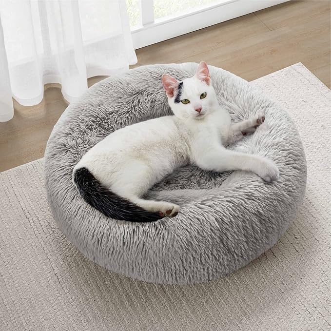 Friends Forever Serena Donut Memory Foam Orthopedic Dog Bed, Soft Faux Fur Oval Cat Couch For Indoor Pet, Fluffy Calming Plush Shag, Round Raised Bolster Cushion, Machine Washable Cuddler, Grey