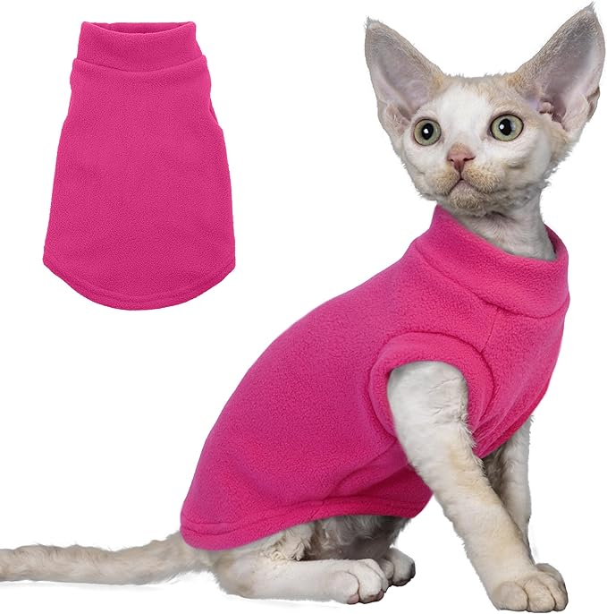 PUMYPOREITY Cat Sweater, Warm Kitten Clothes, Fleece Winter Coat for Hairless Cats, Soft Dog Fleece Vest, Cold Weather Pet Sweater for Dogs and Cats, Rosepink, S