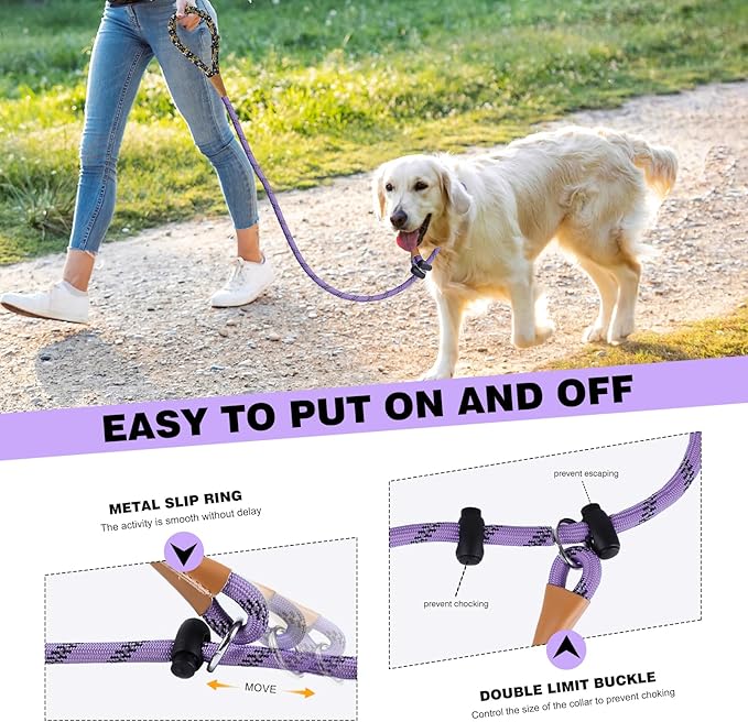 lynxking Slip Lead Dog Leash Reflective, Heavy Duty Comfortable Strong Rope for Large Medium Small Dogs No Pull Pet Training (Light Purple, 2PCS Large 1/2in x 6ft)
