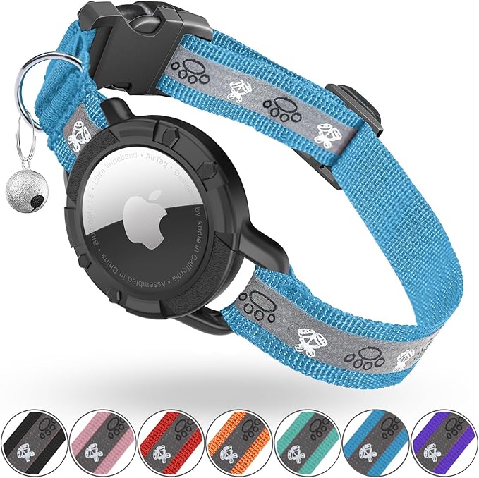 Reflective AirTag Cat Collar, Integrated Cat Tracker Collar with Air Tag Holder and Bell, Safety Elastic Band Cat GPS Collars for Girl Boy Cats, Kittens and Puppies (Blue, XS)