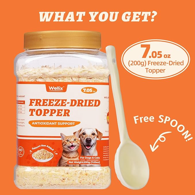 Wellix Dog & Cat Food Topper - Salmon Roe Treats Freeze Dried Egg Yolk & Chicken Flavor Low Calorie - Antioxidant and Skin & Coat Support - Healthy Cat Treats for Indoor Cats