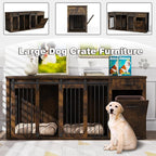 Large Dog Crate Furniture Large Breed,71 Inch Wooden Dog Crate with Tilt Out Trash Cabinet,Drawers,Divider and Sliding Barn Door, Double Doors Dogs Crate for 2 Dogs (Modern Walnut)