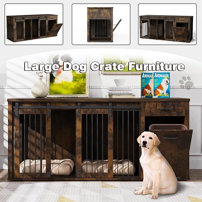 Large Dog Crate Furniture Large Breed,71 Inch Wooden Dog Crate with Tilt Out Trash Cabinet,Drawers,Divider and Sliding Barn Door, Double Doors Dogs Crate for 2 Dogs (Modern Walnut)