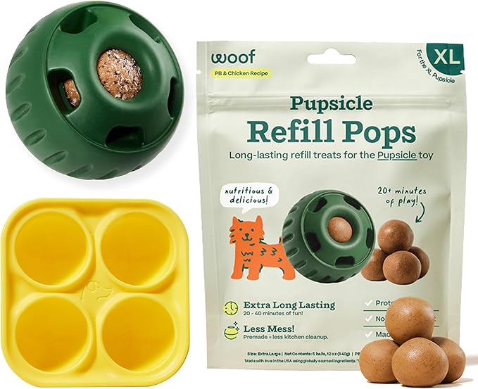WOOF Starter Pack - Interactive Dog Toys for Boredom - Dog Treat Molds Silicone - Chicken-Flavored Healthy Treats for Dogs - Pupsicle Doggy Enrichment Toy - for XL Pups - 25-75 lbs