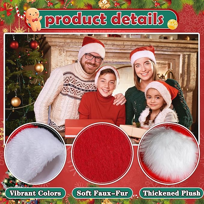 10Pcs Santa hats bulk, Christmas Hat bulk for Adults, Gorros De Navidad for women and men, Classic Plush Fluffy for Xmas New Year Party Decorations