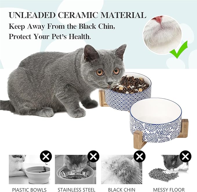 Selamica Ceramic 30 OZ Dog Bowls, Dog Food and Water Bowls with Wooden Stand, Anti-Slip Dog Dishes Set for Cats Small & Medium Sized Dogs, Weighted Pet Bowls Set of 2, Vintage Blue B