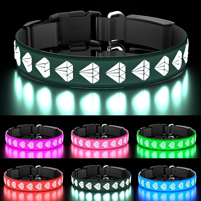 Light Up Dog Collars, 3D Design LED Dog Collars, Adjustable 15 Multi-Colors Dog Collar Rechargeable Waterproof Bright Dog Collar Light for Large Dogs, Black