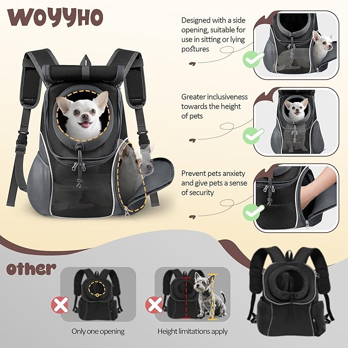 WOYYHO Pet Dog Carrier Backpack with Top and Side Windows, Small Dog Front Backpack Ventilated Dog Back Pack with Safety Belt for Travel Hiking Outdoor Adventures (Size M: 5-9 lbs, Black 2.0)