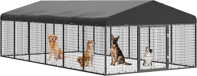 236" x 118" Outdoor Dog Kennel Steel Ideal Dog Fence for Medium/Small Dogs Anti-Rust Coating Cage with Roof All Weather Resistant Dog House with Double Locks