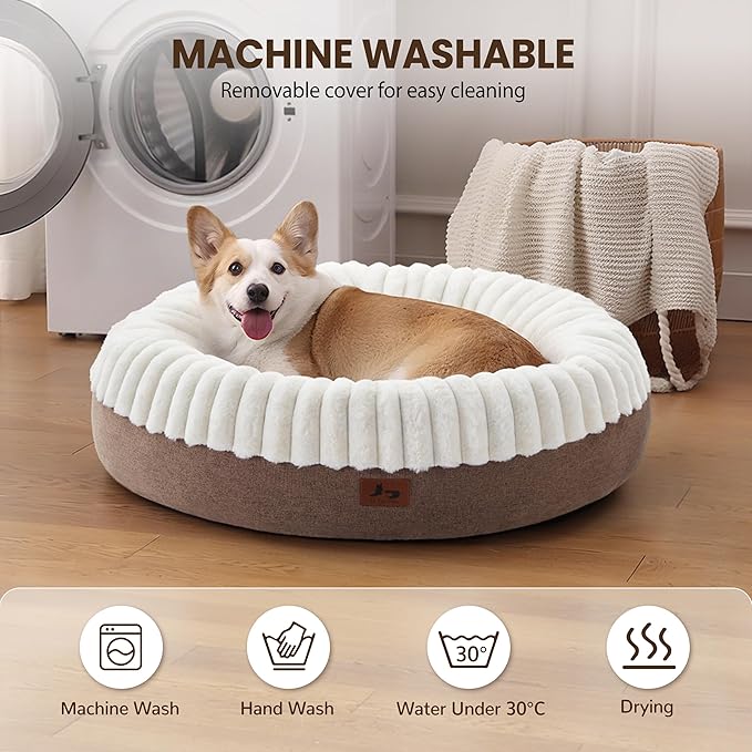Donut Dog Bed Medium Size Dog, Round Cat Beds for Small Medium Dogs and Cats with Washable Fluffy Faux Fur, Cute Comfort Pet Bed with Anti-Slip Bottom, Cream, 30"