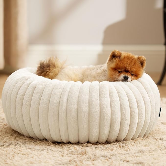 Bedsure Donut Small Dog Bed - Dog Beds for Small Dogs with Corduroy Fleece & Anti Slip Bottom, Round Faux Fur Pet Beds with Washable Removable Cover, Cream, 23x23x8 inches
