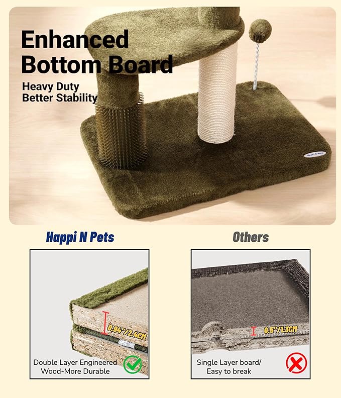 Happi N Pets 34“ Tall Cat Scratching Post for Big Cats, Natural Sisal Cat Scratchers for Indoor Cats, Heavy Duty Cat Stands Featuring with Cat Self Groomer and Hanging Toys, Free Catnip-Green