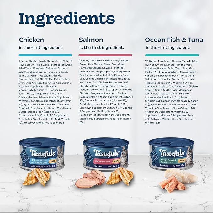 Blue Buffalo Tastefuls Natural Pate Wet Cat Food Variety Pack, Salmon, Chicken, Ocean Fish & Tuna Entrées 3-oz Cans (12 Count - 4 of Each Flavor)