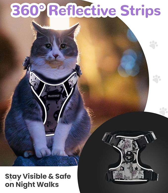 Halypet Cat Harness and Leash Set for Walking, Escape Proof Adjustable Vest Harness with 3-in-1 Integrated Buckles, Easy Control Soft Breathable Mesh with Reflective Strips for Cats, S, Moonlight Meow