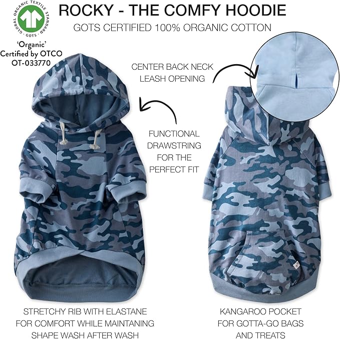 Rocky – The Orginal Lightweight Hooded TEE 100% Organic Cotton Dog Hoodie Pet Coat Sweater for Small, Medium, Large Dogs, Navy Camo, XX-Small