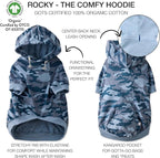 Rocky – The Orginal Lightweight Hooded TEE 100% Organic Cotton Dog Hoodie Pet Coat Sweater for Small, Medium, Large Dogs, Navy Camo, Medium