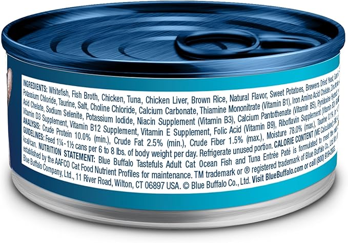 Blue Buffalo Tastefuls Wet Cat Food Paté, Made with Natural Ingredients, Ocean Fish and Tuna Entrée, 5.5-oz Cans (24 Count)