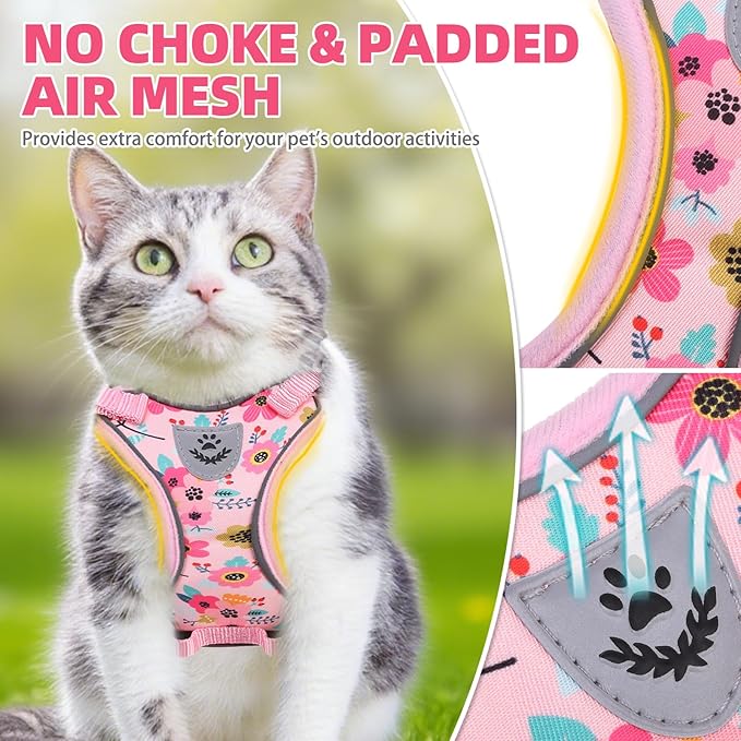 PUPTECK Cat Harness and Leash Set Escape Proof Reflective Cat Walking Harness Adjustable Soft Breathable Mesh Vest for Small Pets, Pink Flowers, S