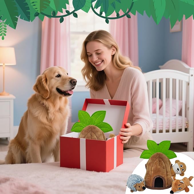 4 Packs Crinkle Squeaky Hide and Seek Puppy Toys to Keep Them Busy, Durable Cute Pet Toys for Small Medium Dogs, Interactive Plush Stuffed Chew Toy, Not for Aggressive Chewers - Coconut Tree