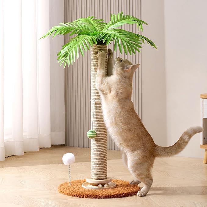 Cat Scratching Post for Space-Saving, 32'' Tall Cat Tree Post with Wooden Turntable Toy, Sisal Rope Cat Scratcher Post with 2 Interactive Ball for Indoor Cats and Kitten Climbing,Play & Rest