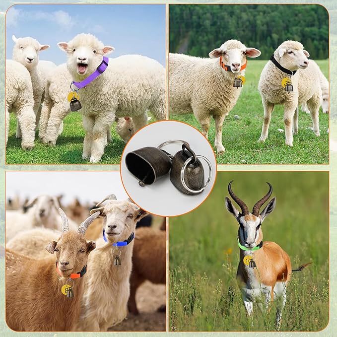 12 Pack Goat Collars with Bells and Number Tag，Adjustable Nylon Grazing Copper Bells with Pet Livestock Plastic ID Number Tags, Sheep Collars Set for Small Farm Animal Goat Sheep Cow