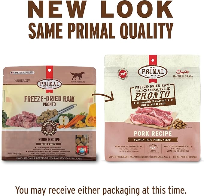 Primal Freeze Dried Dog Food, Pronto Mini Nuggets, Pork; Scoop & Serve, Complete & Balanced Meal; Also Use As Topper or Treat; Premium, Healthy, Grain Free, High Protein Raw Dog Food (25 oz)