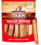 Natural Farm Odor Free Jumbo Bully Sticks (6 Inch, 12 Pack), Extra-Thick Dog Treats – Fully Digestible 100% Beef Treats, Natural Dental Chews – Keep Your Dog Busy with 50% Longer Lasting Chews