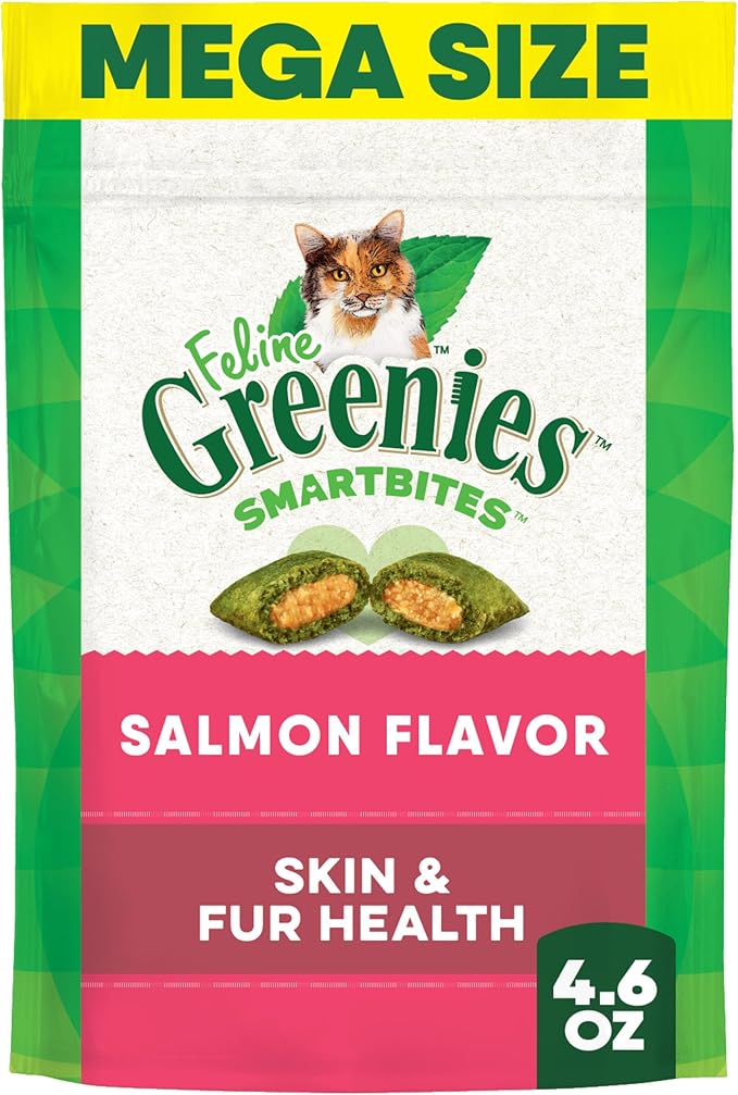 Greenies Feline Smartbites Skin & Fur Health Crunchy and Soft Cat Treats, Salmon Flavor, 4.6 oz. Pack