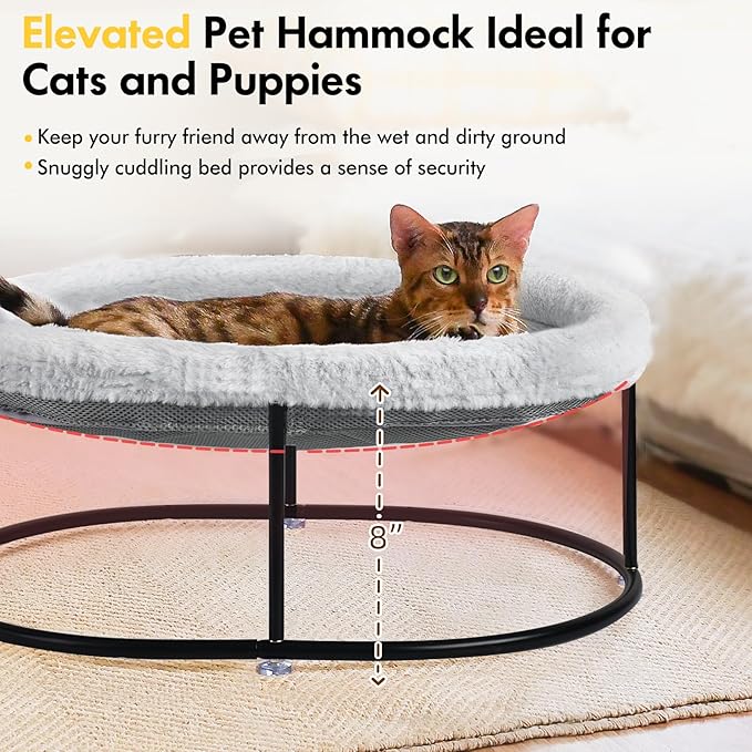 Elevated Cat Hammock Bed for Indoor Cats, Fluffy Warm Cuddle Cat Bed with Detachable Pad Bed Cover, Portable Pet Bed Raised Cuddler for Sleeping Kittens, Small Dog, Oval Cat Hammock Grey