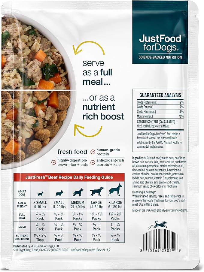 JustFoodForDogs JustFresh Home-Cooked Beef Dog Food with No Preservatives, Resealable Package, Human Grade Wet Dog Food, 12 oz - 7 Pack
