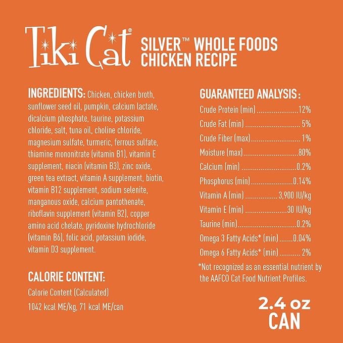 Tiki Cat Silver Comfort Shreds, Chicken Recipe in Chicken Broth, Immune System Support Formulated for Older Cats Aged 11+, Senior Wet Cat Food, 2.4 oz Cans (Pack of 12)