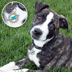 NFL Miami Dolphins Engraving Pet ID Tags in 32 Team Logo Shapes Personalized Dog Tags and Cat Tags with 3 Lines of Customizable Text for Tracking & Safety. Stainless Steel Pet ID Tracking Tags