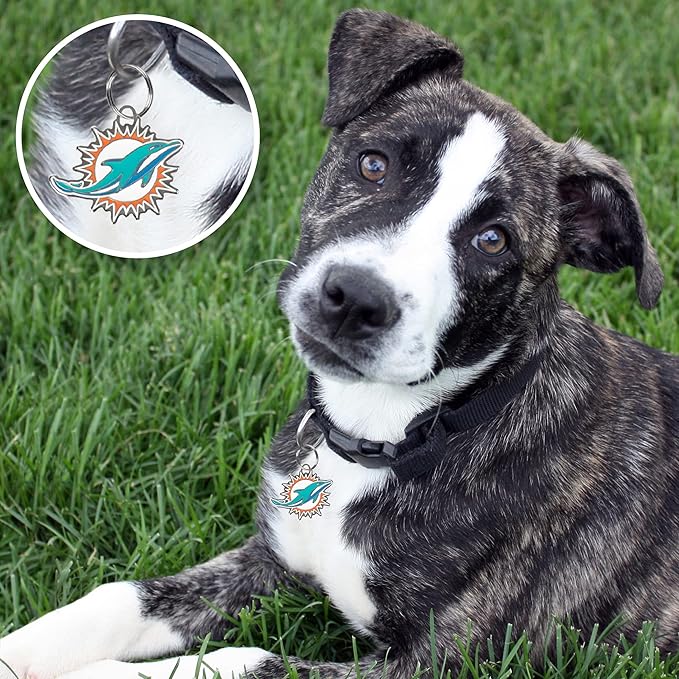 NFL Miami Dolphins Engraving Pet ID Tags in 32 Team Logo Shapes Personalized Dog Tags and Cat Tags with 3 Lines of Customizable Text for Tracking & Safety. Stainless Steel Pet ID Tracking Tags