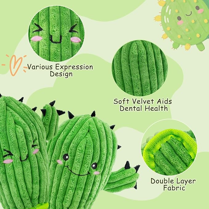 No Stuffing 3 Pack Squeaky Dog Toys- 2 in 1 Interactive Plush Dog Toy- Cactus Shaped Rip and Reveal Toy for Puppies- Perfect for Indoor & Outdoor Play- Training & Toss & Play
