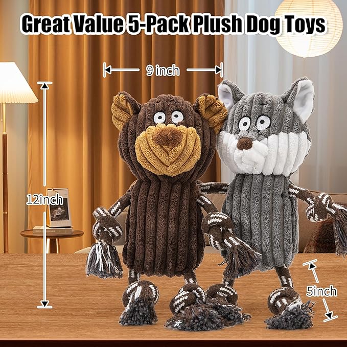 5 Pack Large Dog Squeaky Toys,Tough Stuffed Plush Dog chew Toys Assortment,Durable Plush Animal Dog Toys with Tug of War Rope to Keep Them Busy, Puppy Toys Value Bundle for Small Medium Large Dogs