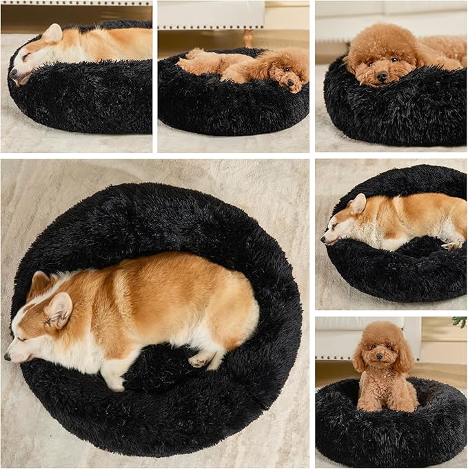 Dog Calming Beds for Medium Large Dogs - Round Donut Washable Puppy Dog Bed, Anti-Slip Faux Fur Fluffy Donut Cuddle Anxiety Cat Pet Bed(28'' Black)