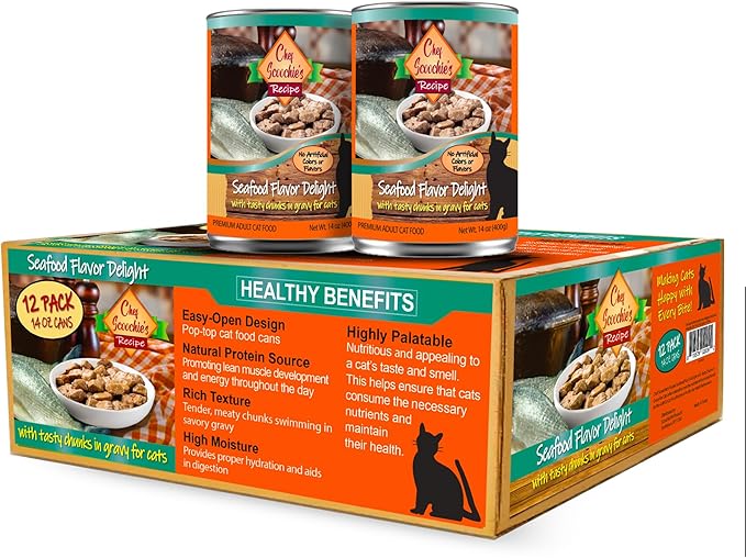 Chef Scoochie's Tender Seafood Chunks in Gravy Wet Cat Food - Easy Open Pop-Top Cans - Protein & Essential Nutrients - Gourmet Meal for Indoor & Outdoor Cats 12 Cans (14 oz e.)