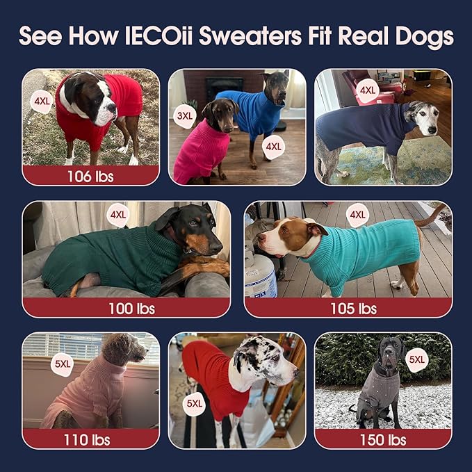 IECOii Extra Large Dog Sweater 4XL,Thermal Warm Dog Sweaters for Giant Breed Dogs,Turtleneck Knitted Knitwear for Pet Winter,Stretchy&Easy On Doggy Sweatshirt for Doberman,Great Dane(Rose red,XXXXL)