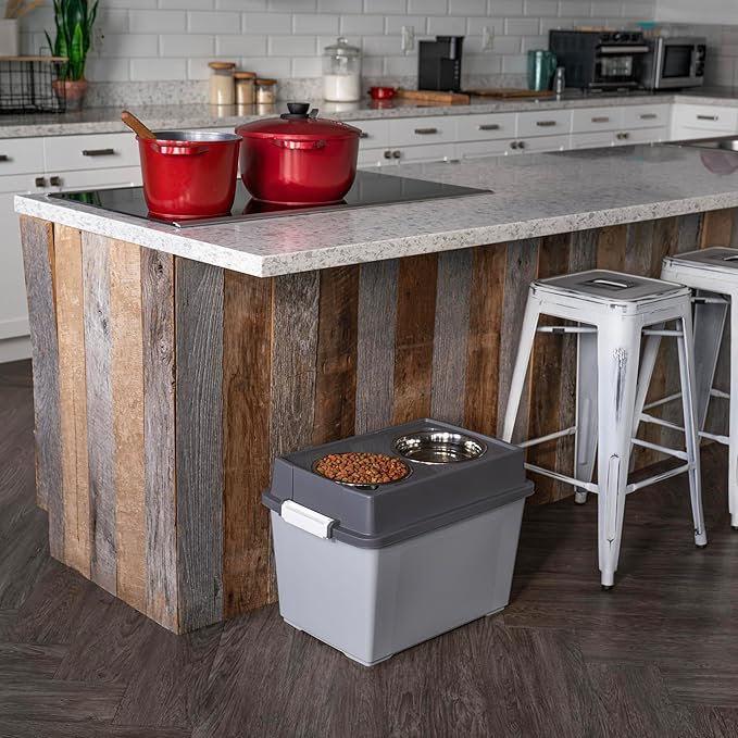 IRIS USA Elevated Dog Bowls, 15" H Raised Bowl for Large Dogs, Airtight Pet Food Storage Holds Up to 47 Lbs, 2 Removable 64 oz Stainless Steel Bowls, at Home or Camping, Dark Gray