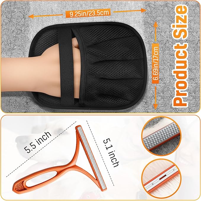 3 pcs Pet Hair Removal Glove for Dogs and Cats (2 Pack Mit, 1 Lint Scraper) - Electrostatic Fur Remover, Magic Brush Pet Hair Remover Tool for Laundry, Cloths, Carpet, Car Mats, Sofa & Bedding